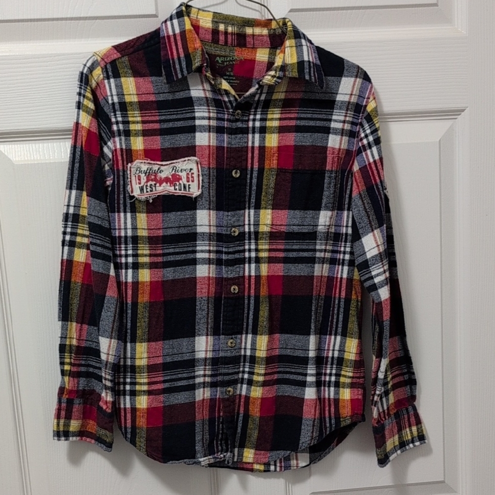 Arizona Plaid Red and Yellow Plaid Button Down Shirt With Patches